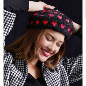 Anthropologie black and red heart beret hat new without tags one size